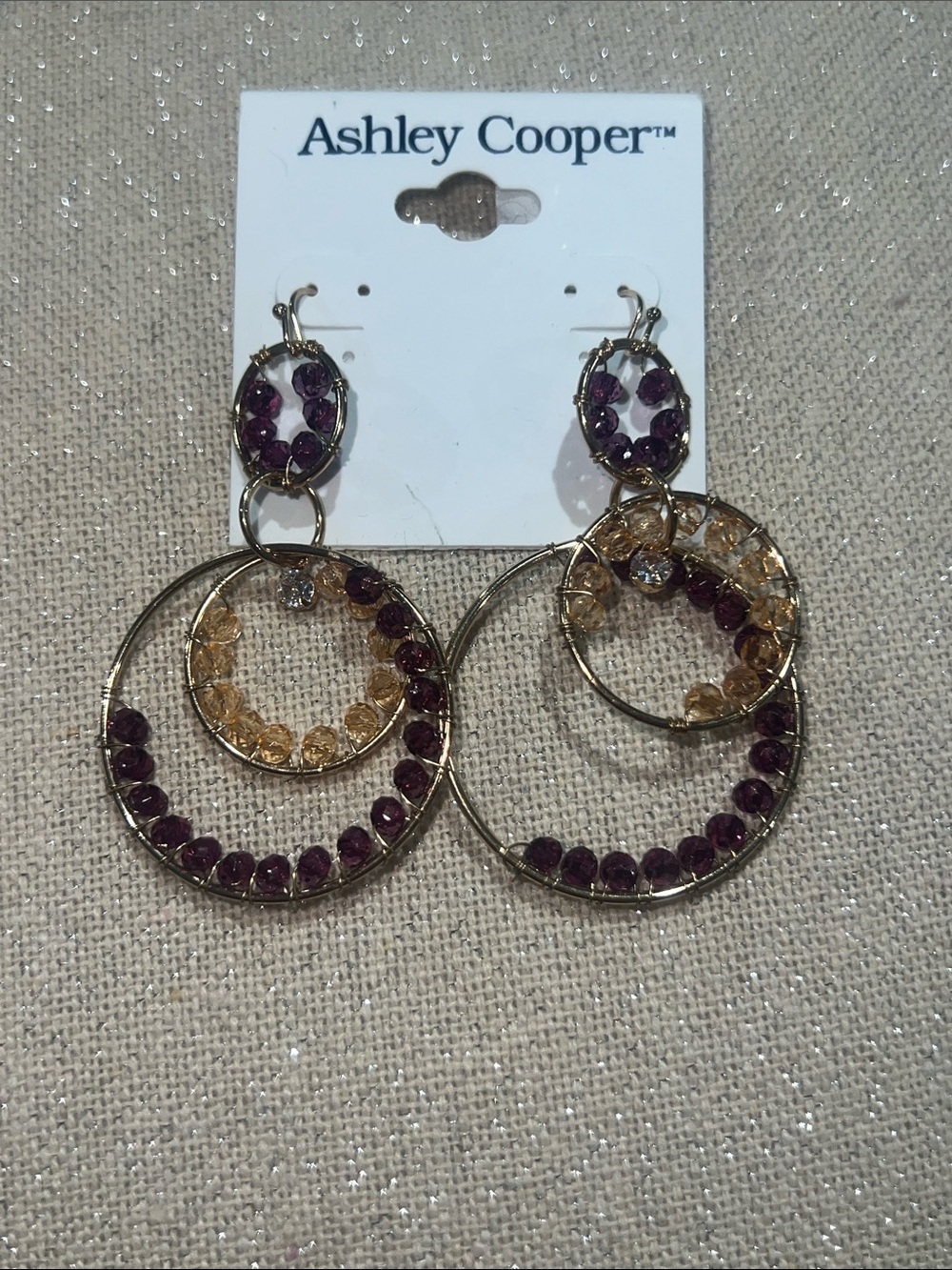 Ashley Cooper Gold Hoop Earrings with Purple and Champagne Crystals